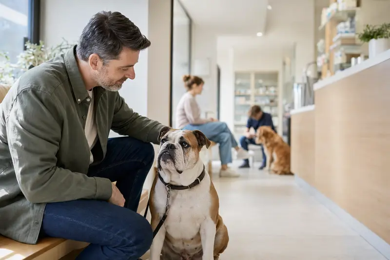 Englische Bulldogge sitzt ruhig neben ihrem Besitzer im hellen Wartezimmer einer modernen Tierarztpraxis.